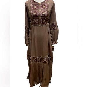 Rozan dress abaya maxi tan embroidered embellished Large NwT